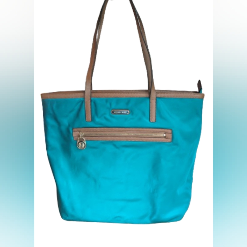 GUC Michael Kors Kempton Nylon Leather Teal Tote gold hardware, brown handles